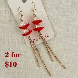 Dangling Gold Earrings Rhinestones Pearls and Red New from Jin Na La